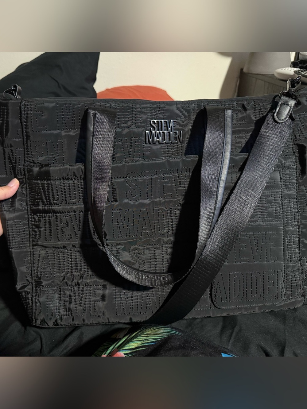 Steve Madden Black Quilted Logo Laptop Tote